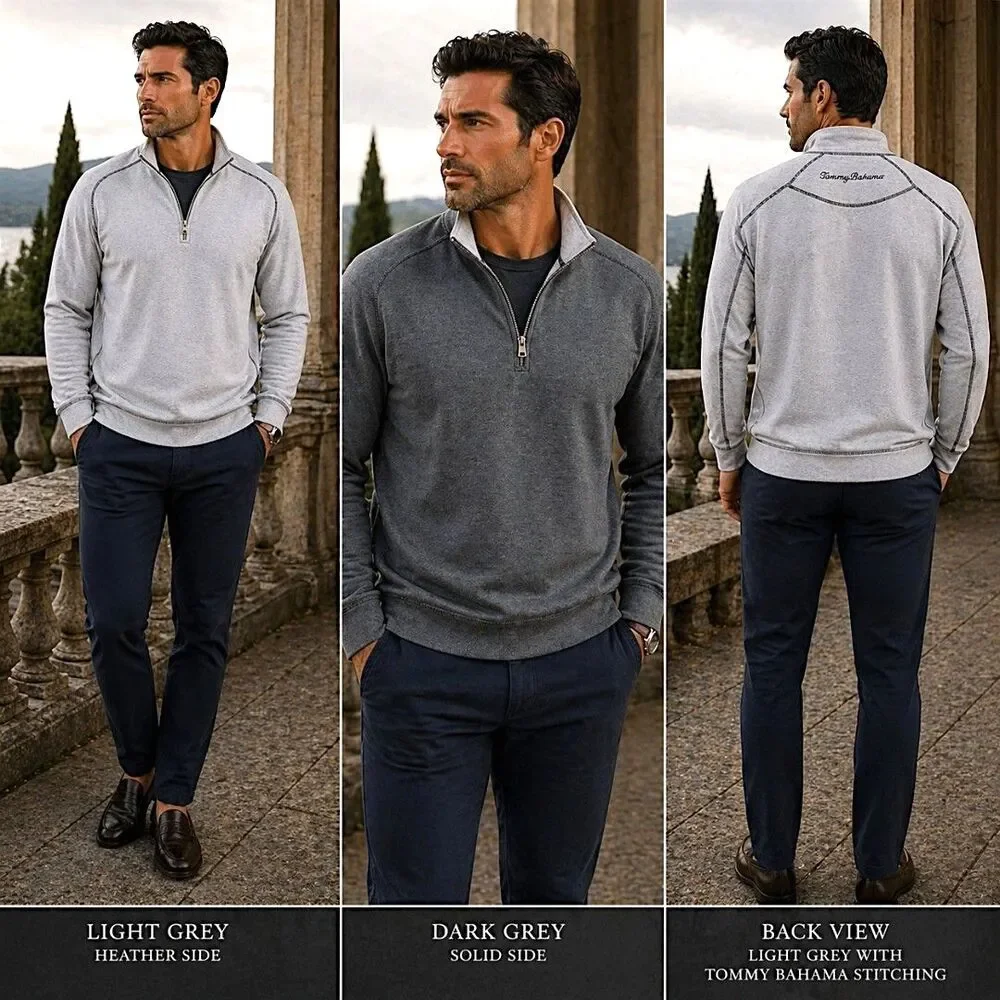 Tommy Bahama Sz L Reversible 1/4 Zip Pullover Sweatshirt Gray Resortwear Sweater